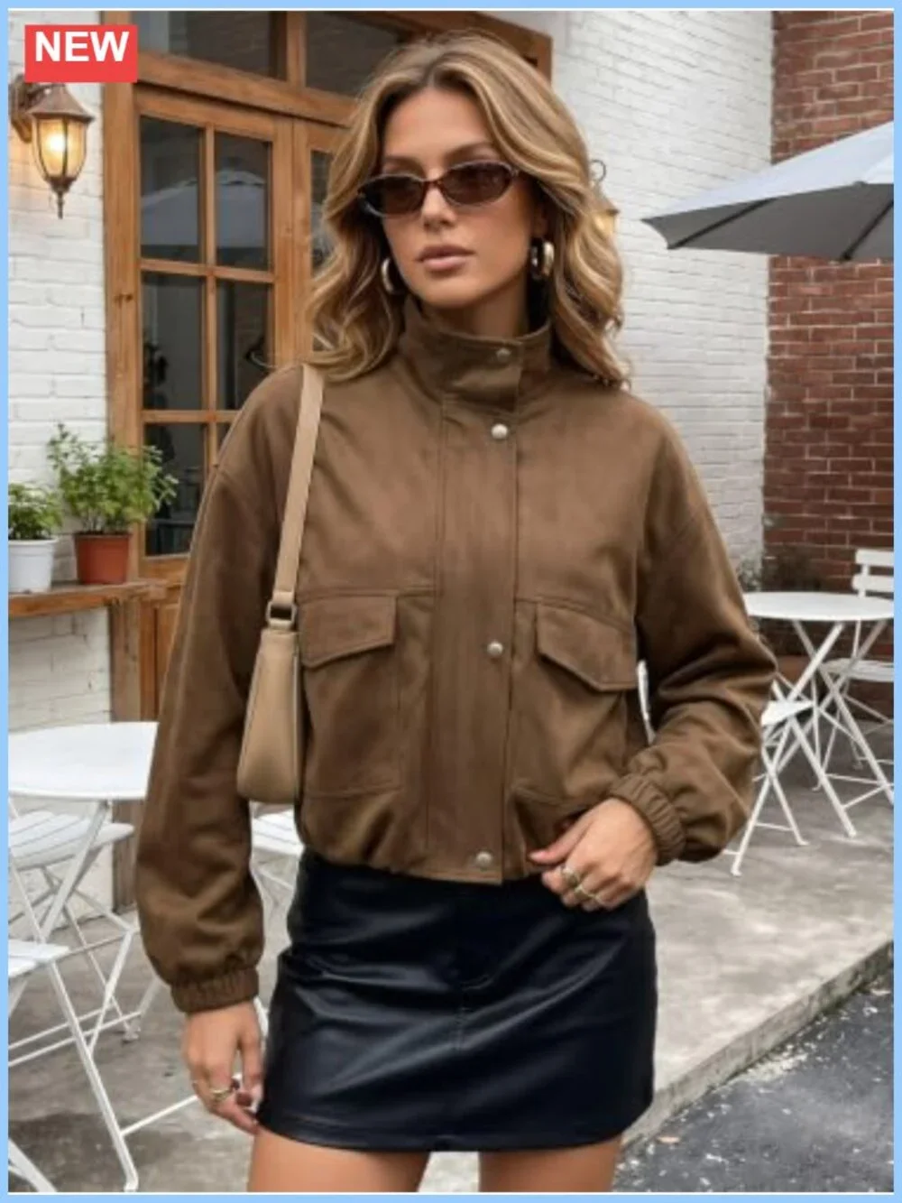 Faux Suede Bomber Jacket Oversized Cropped Long Sleeve Zip Up
